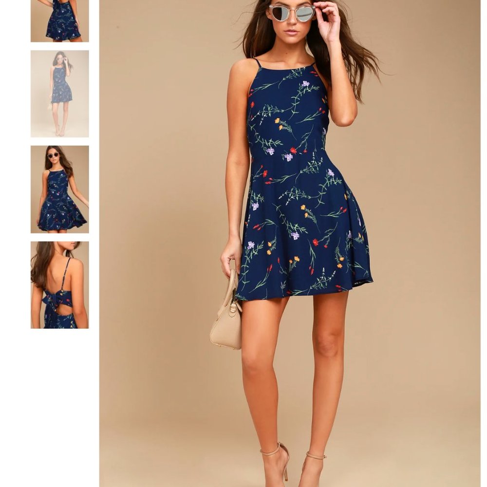 Flower of the Flock Navy Blue Floral Print Skater Dress Lulus M